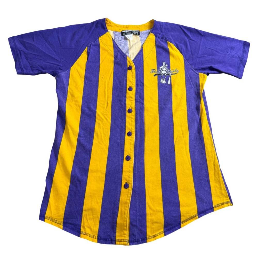 Fido Dido Baseball Jersey Women Medium Vintage 90s Y2K Purple Yellow Striped USA